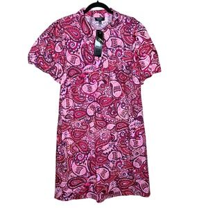 NEW MSK Women Dress Plus 2X Paisley Shift Fuchsia Red Lavender Puff Sleeve
